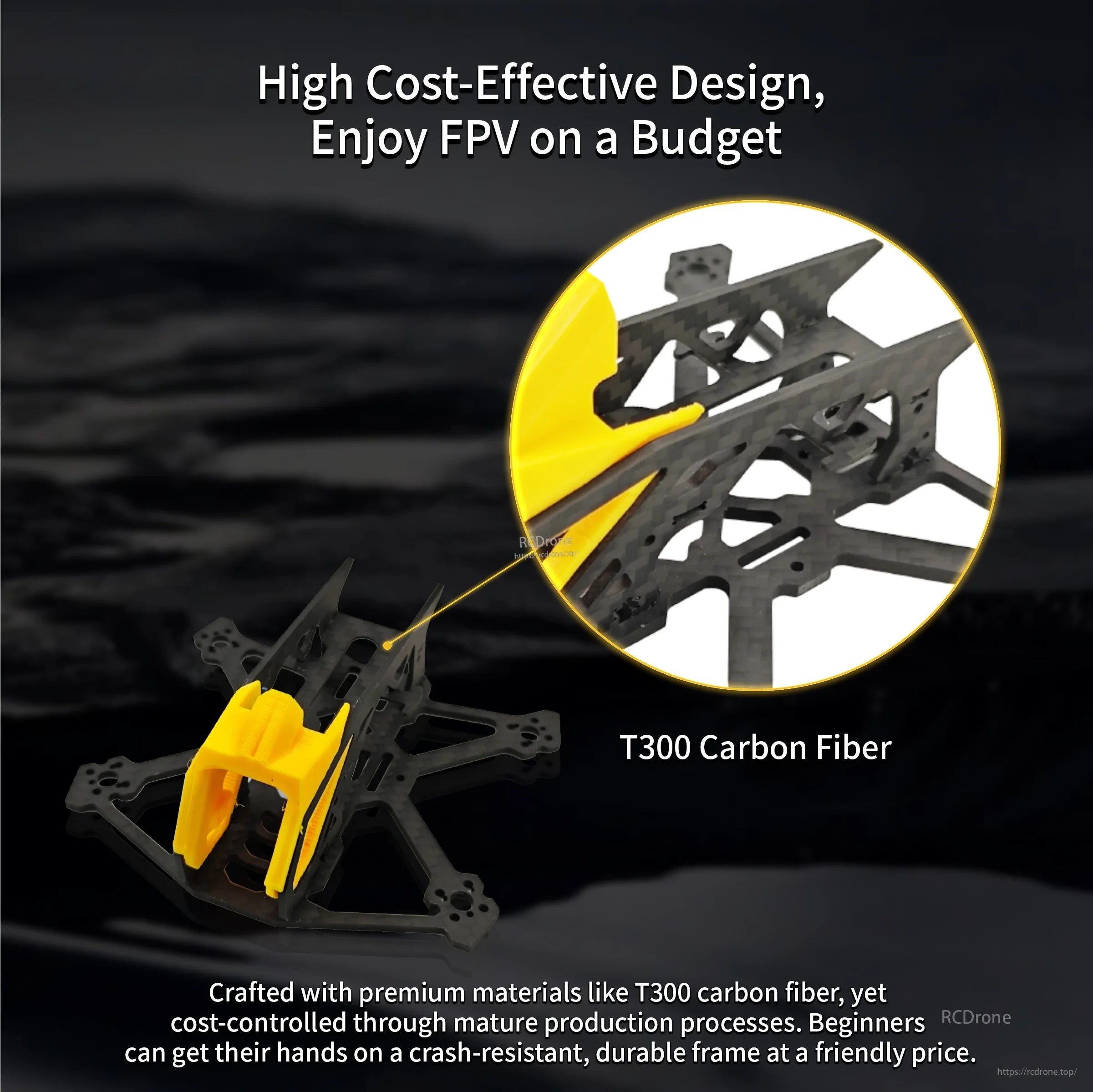 DarwinFPV BabyApe III Mini 2-inch freestyle FPV frame highlighting Wide-X carbon plate structure and T300 carbon fiber callout