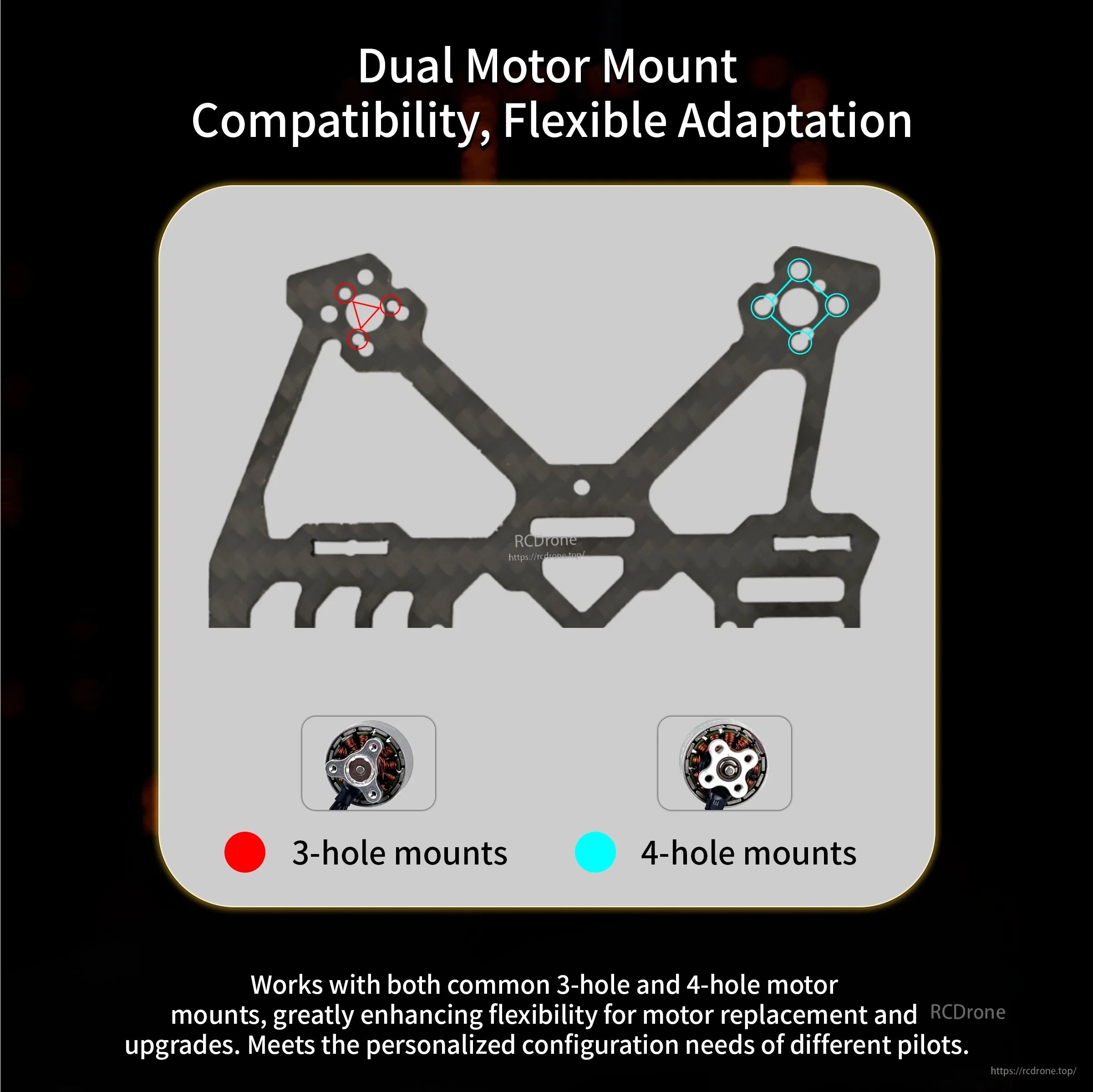 Motor mount compatibility plate for BabyApe III Mini frame, supporting both 3-hole and 4-hole motor bolt patterns