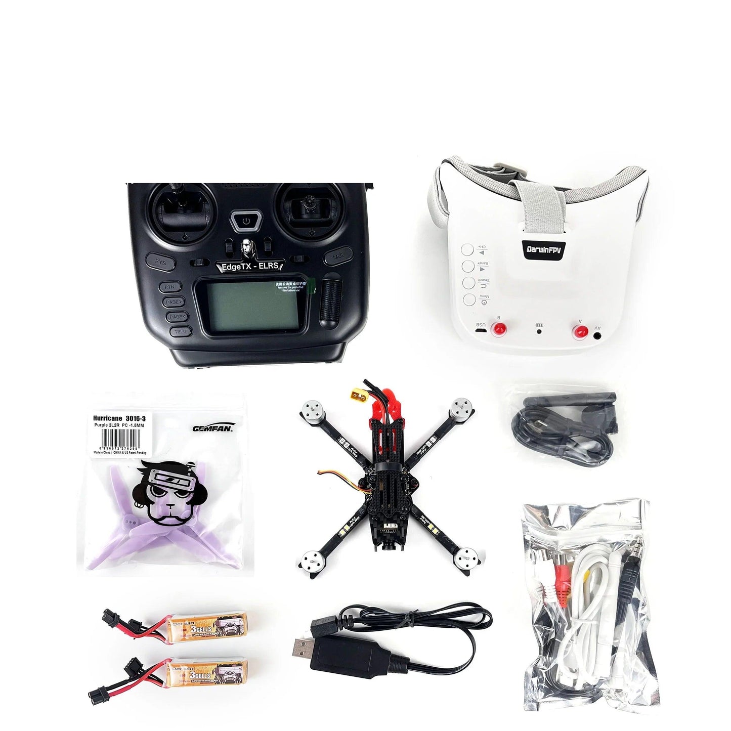 RTF FPV kit contents: radio controller, FPV goggles, quadcopter frame, two batteries, USB charger and AV cables