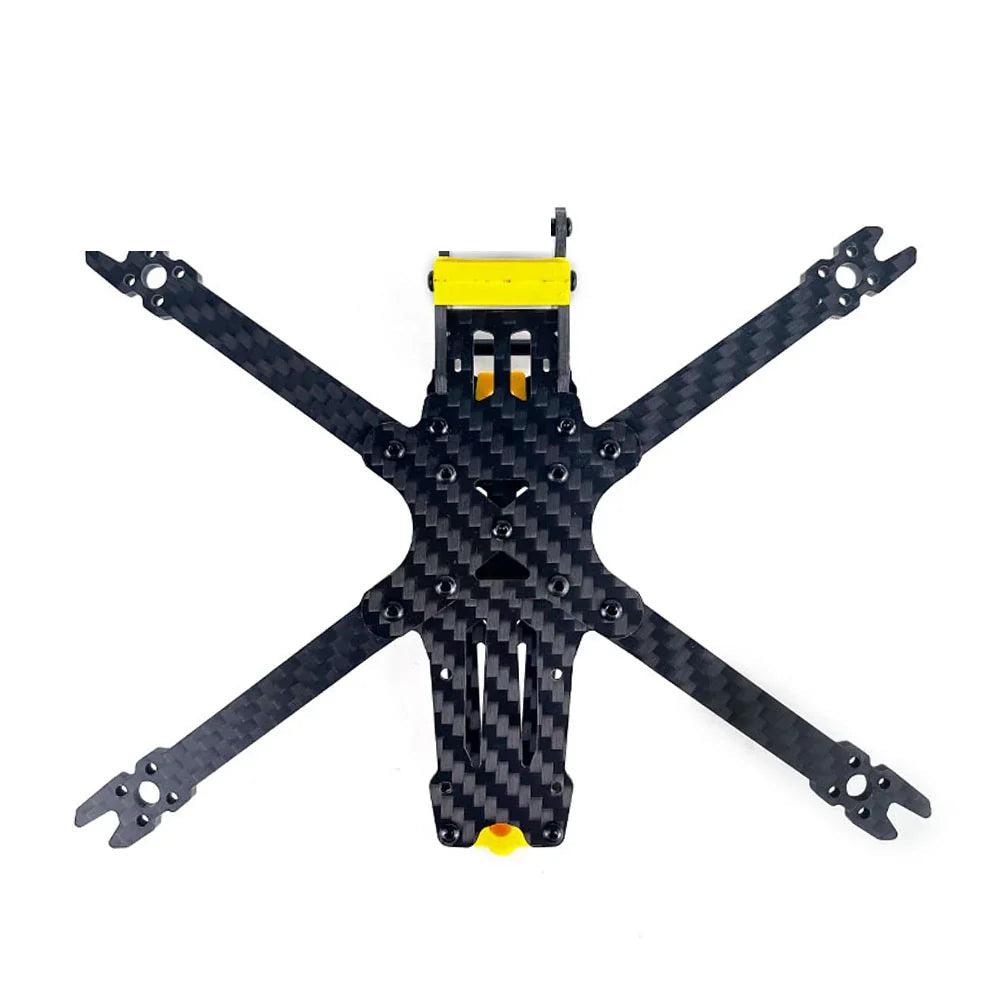 DarwinFPV BabyApe II 3.5 inch FPV drone frame kit, top view of carbon fiber X frame with yellow mounts