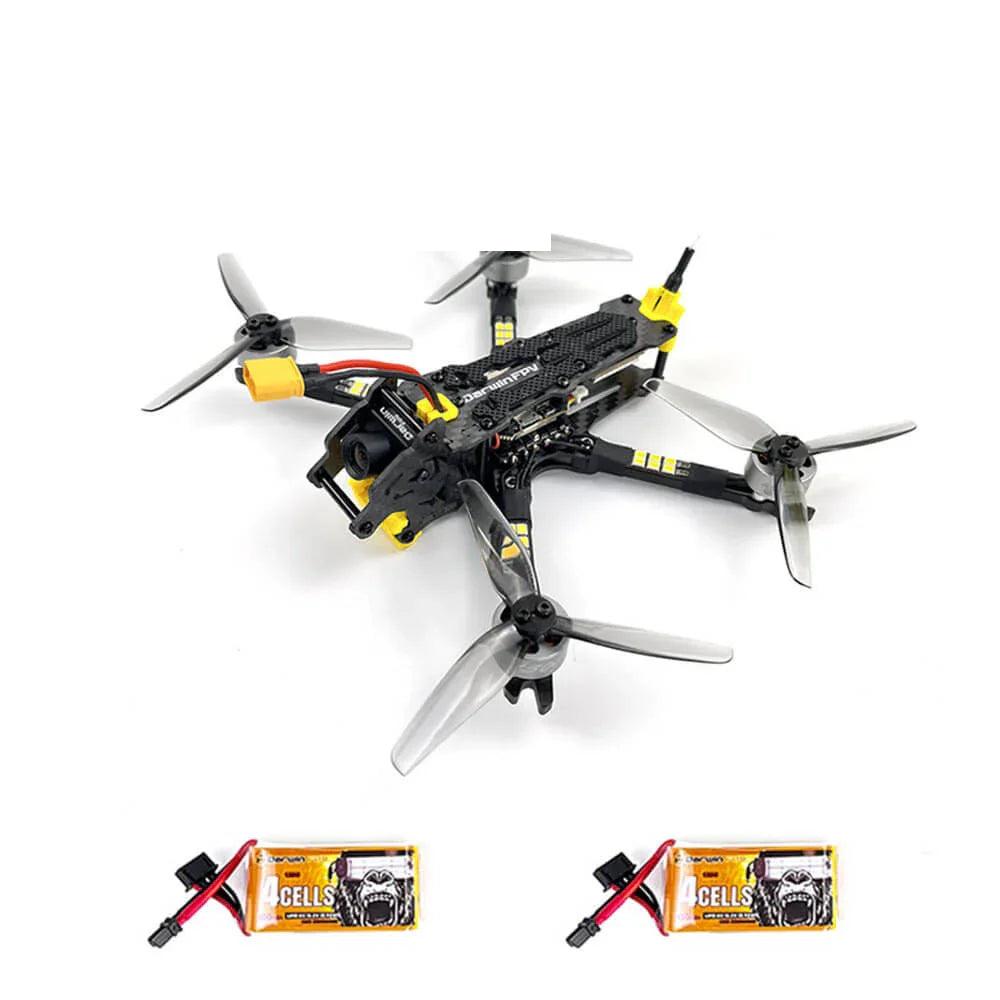 FPV drone shown with two 4-cell batteries displayed beneath the quadcopter
