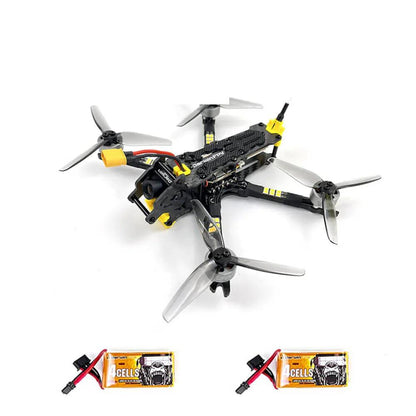 FPV drone shown with two 4-cell batteries displayed beneath the quadcopter