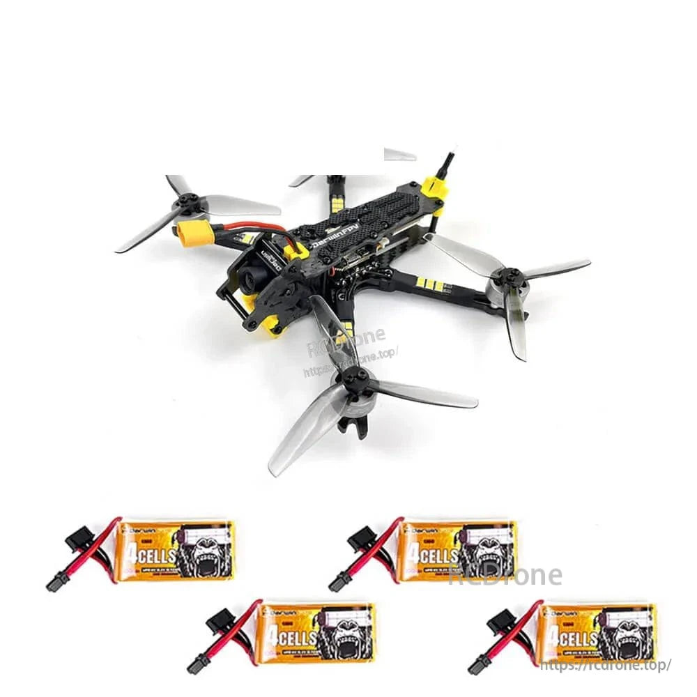 FPV drone displayed with four 4-cell batteries arranged beneath the frame