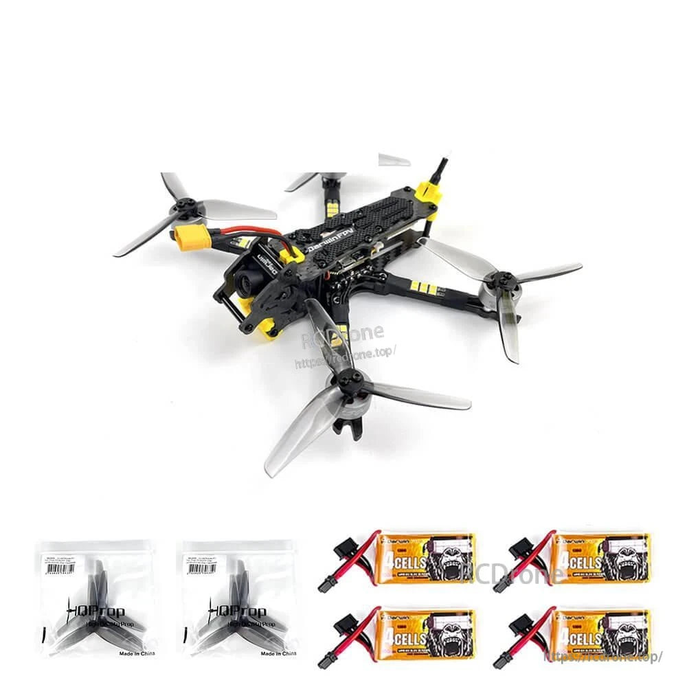 Drone bundle shown with spare propellers and four 4-cell batteries laid out below