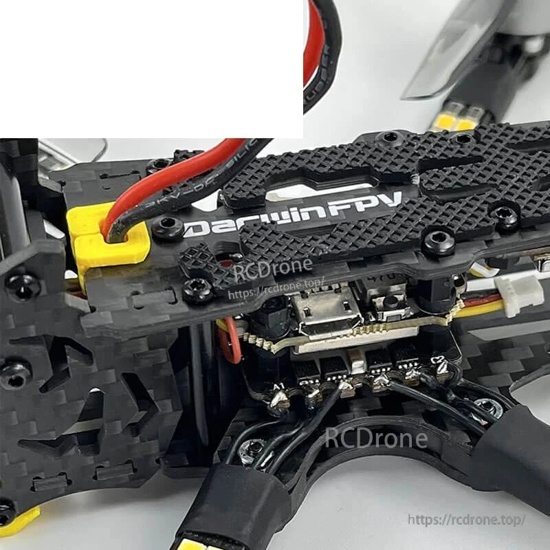 DarwinFPV frame top plate close-up with brand logo and flight controller stack details