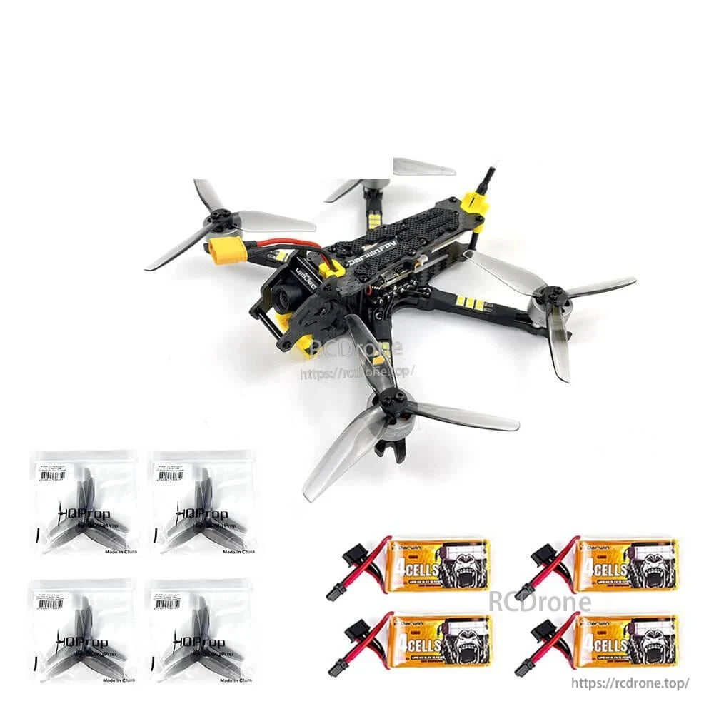 Drone kit layout with four prop packs and four 4-cell batteries shown below