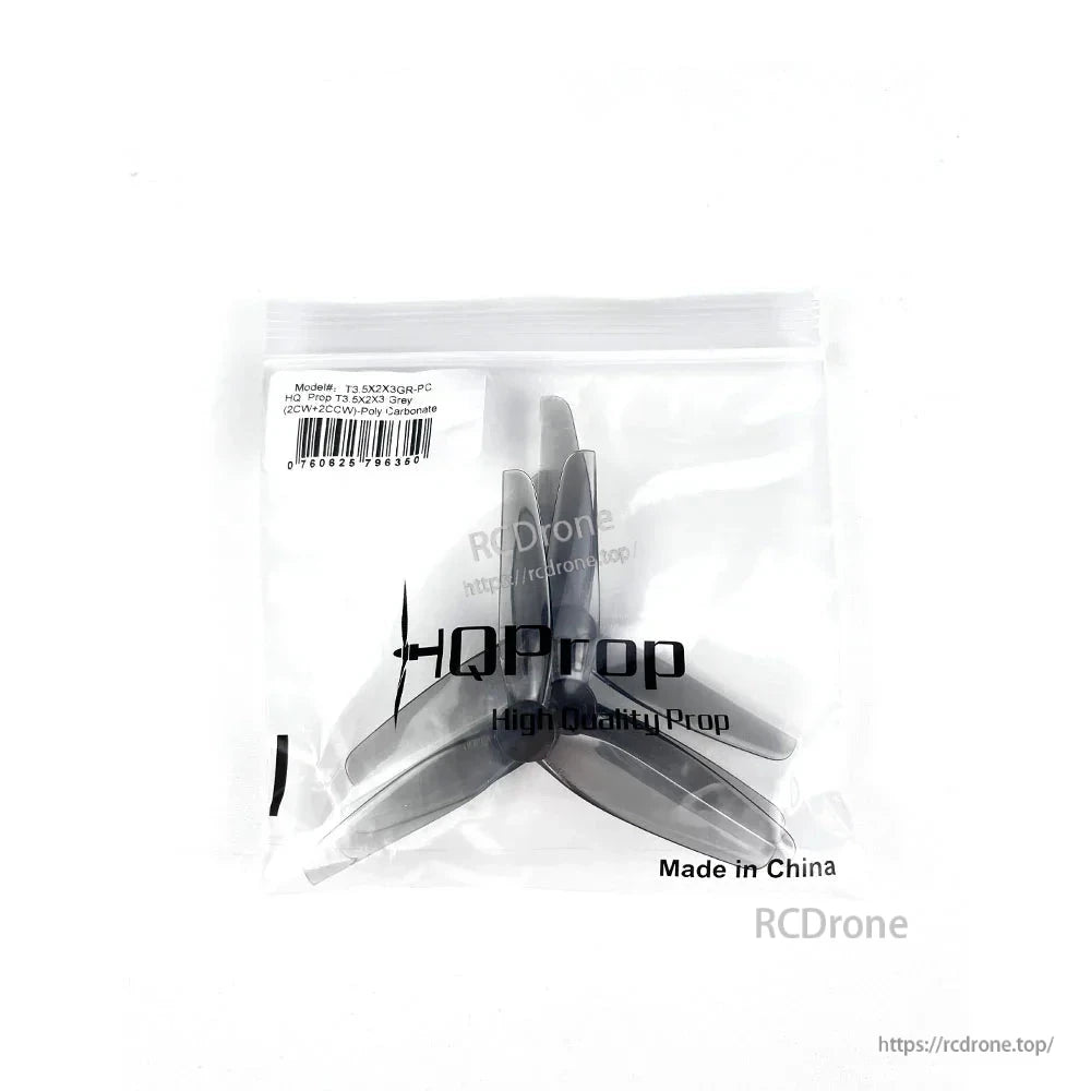 Sealed HQProp propeller bag with printed "Made in China" text and RCdrone watermark/website