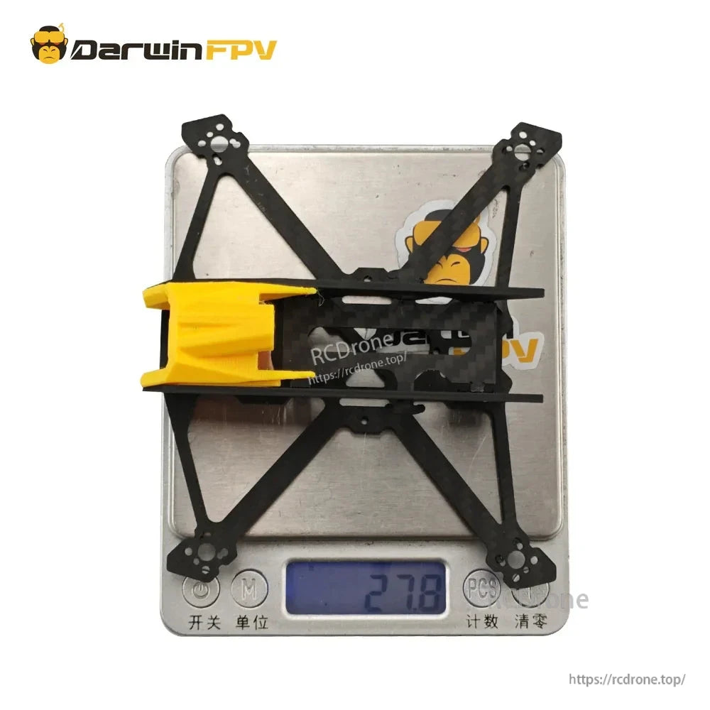 Frame weight shown on digital scale, 27.8g assembled carbon fiber frame with canopy