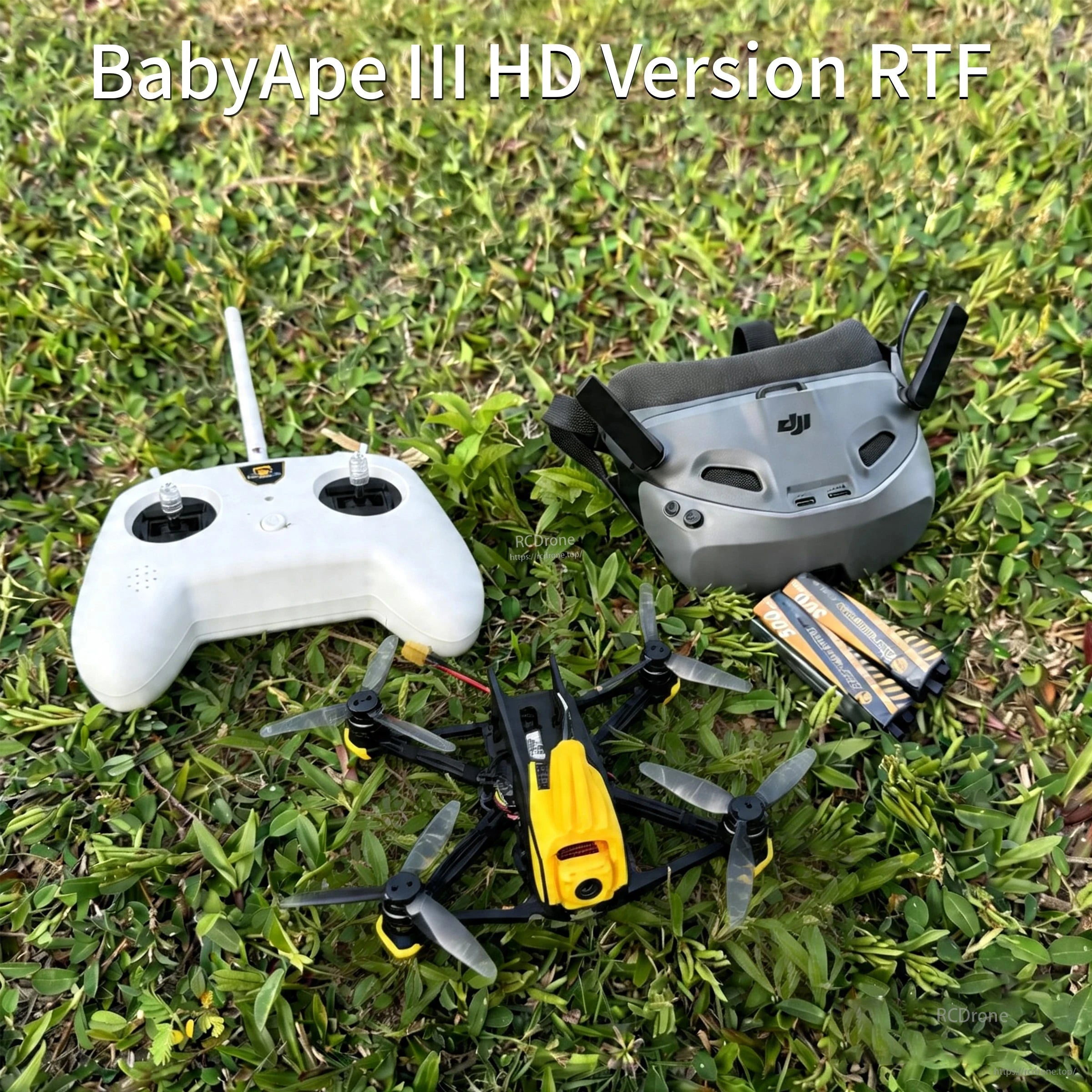 DarwinFPV BabyApe III HD Version RTF kit on grass with TX8 transmitter, DJI goggles and batteries