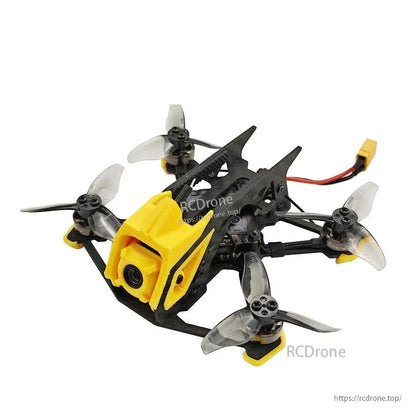 Three-quarter view showing yellow canopy, four props, and raised motor feet on carbon frame