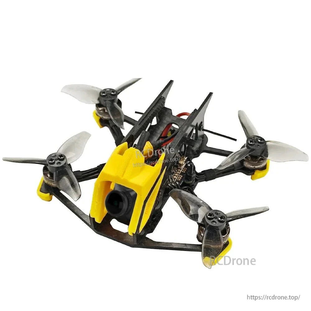 Front-left angle with propellers and yellow canopy, close emphasis on camera housing shape