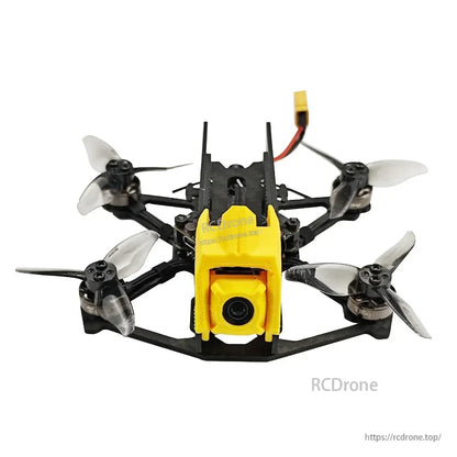 Front view of micro FPV quadcopter with centered camera lens and four propellers