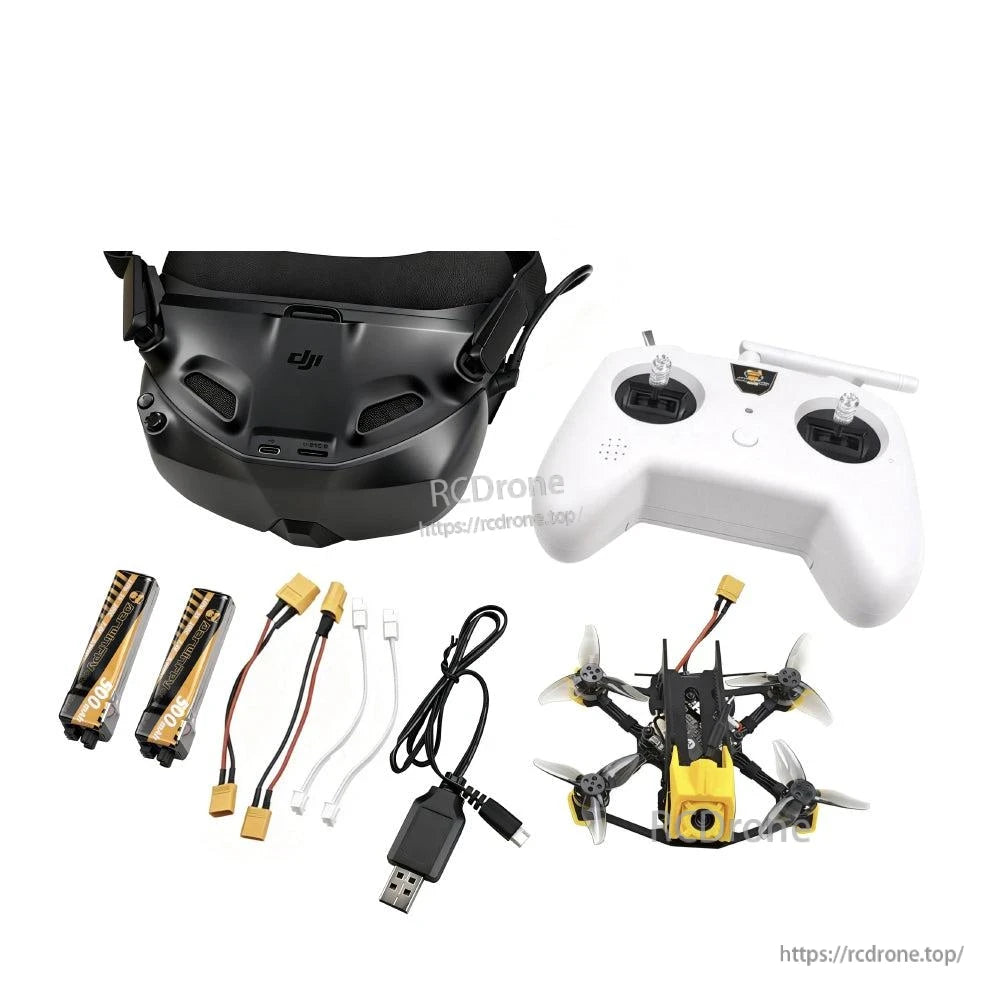 FPV kit layout with DJI-style goggles, radio controller and mini quadcopter with front camera