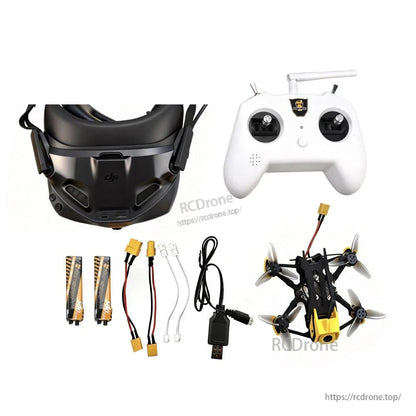 Black DJI-style FPV goggles with radio controller, mini quadcopter, USB charger, batteries and cables