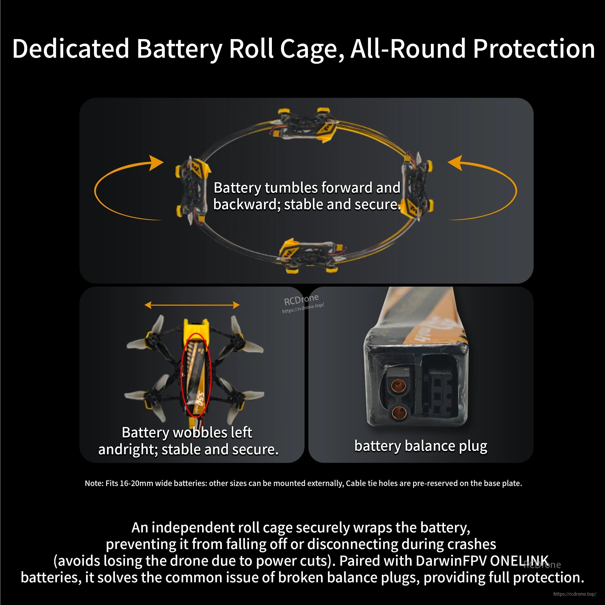 BabyApe III Pro battery roll cage protection concept, with balance plug protection and 16–20 mm battery fit note