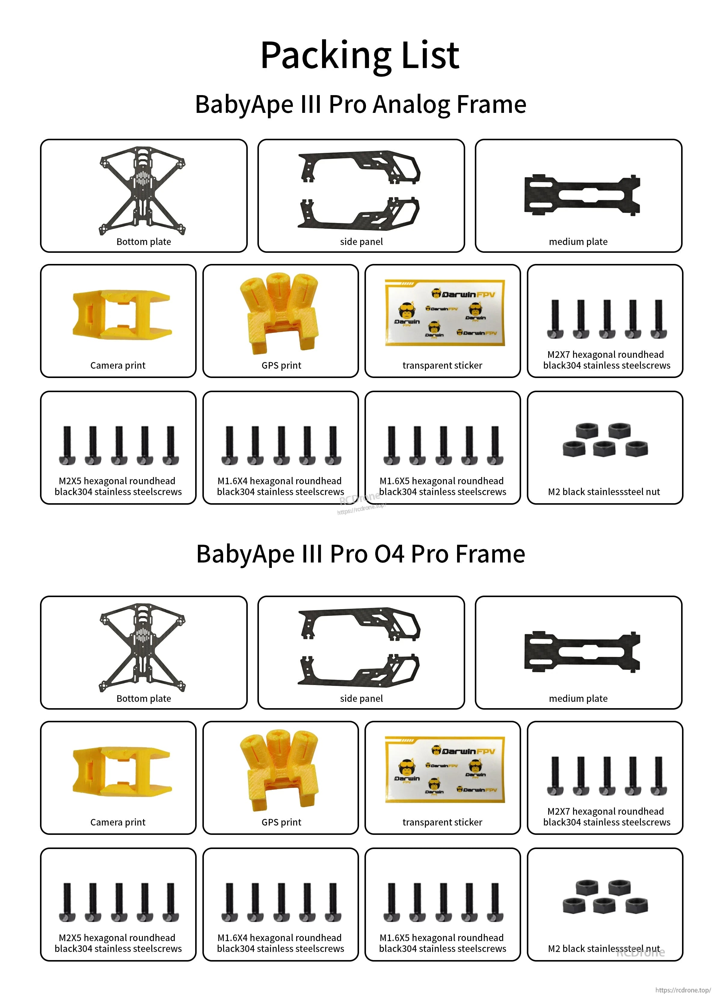 BabyApe III Pro frame kit packing list for Analog and O4 Pro versions, including plates, TPU prints, screws and nuts