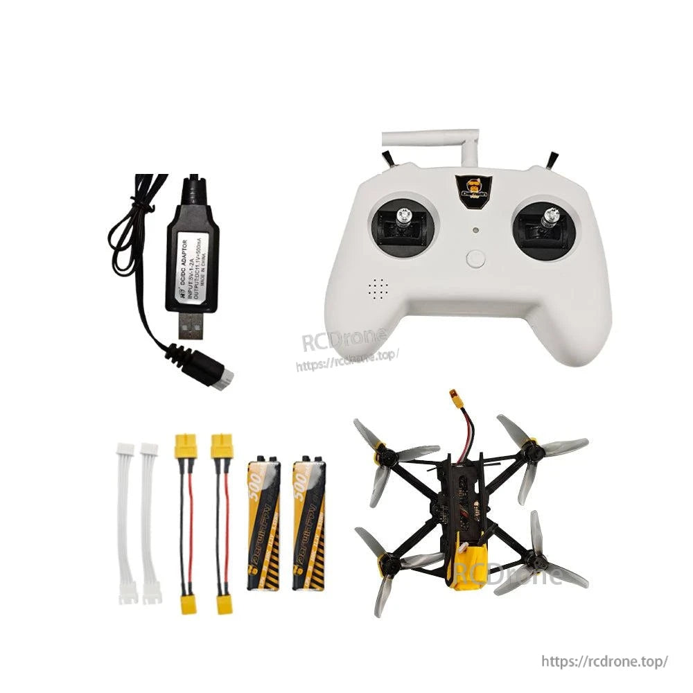 DarwinFPV kit components laid out: radio controller, quadcopter, charger, batteries, and adapter cables