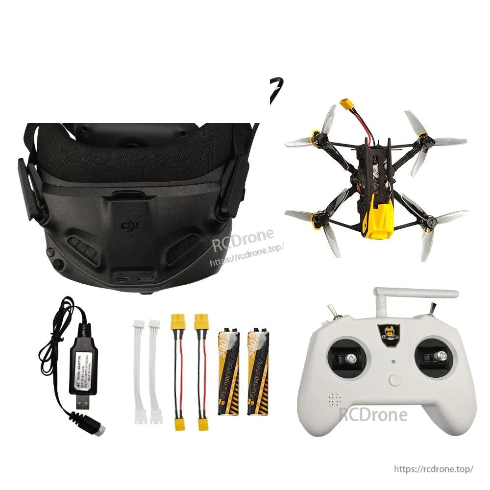 FPV goggle rear view with ports, plus quadcopter top view, controller, batteries, and charging cables