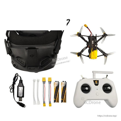 FPV goggle rear view with ports, plus quadcopter top view, controller, batteries, and charging cables