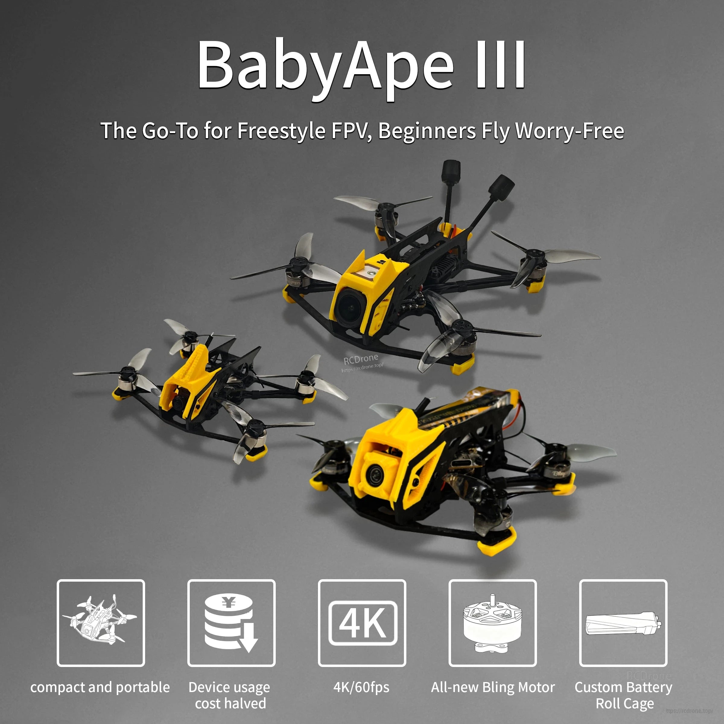 DarwinFPV BabyApe III RTF micro FPV drone lineup with key features like 4K recording and battery roll cage