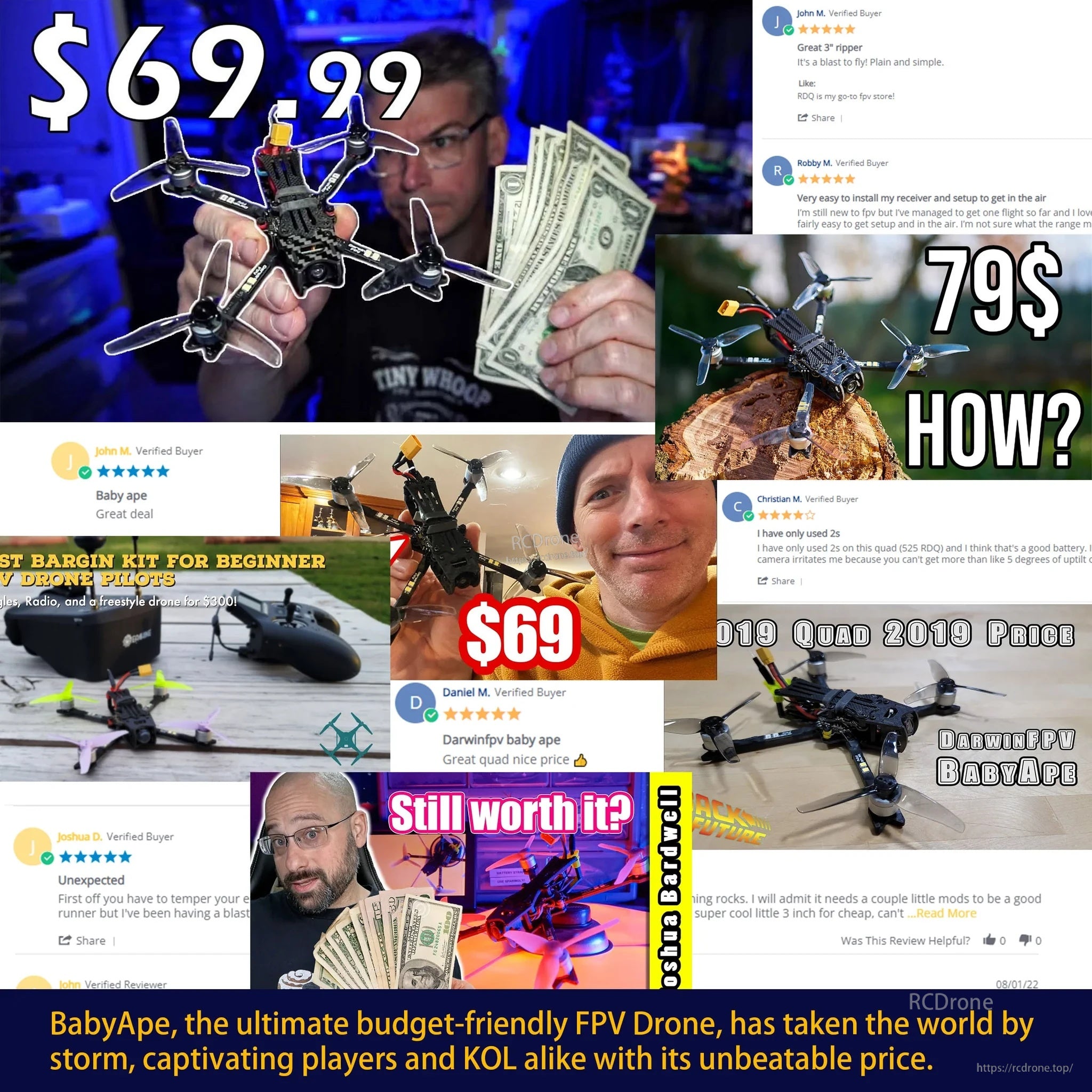 DarwinFPV BabyApe Pro V3 micro FPV quadcopter promo collage with price and review snippets