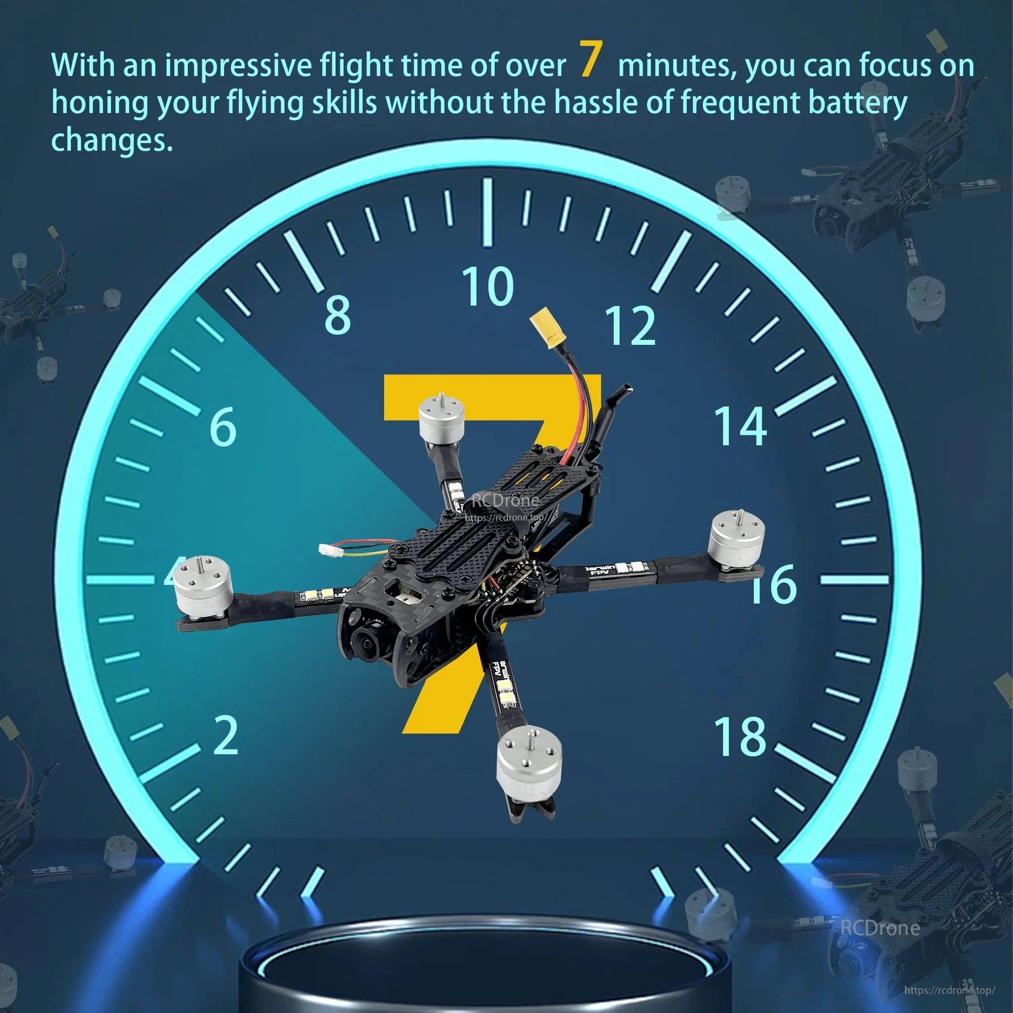 FPV quad illustration over clock face highlighting 7+ minutes flight time message
