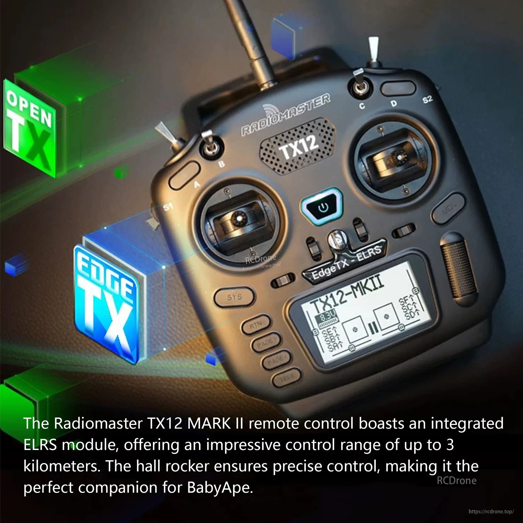 Radiomaster TX12 Mark II radio controller with OpenTX/EdgeTX cubes and ELRS text overlay