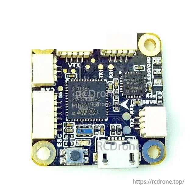 DarwinFPV Betaflight F4 flight controller close-up showing MCU, gyro chip, USB port, and plug headers