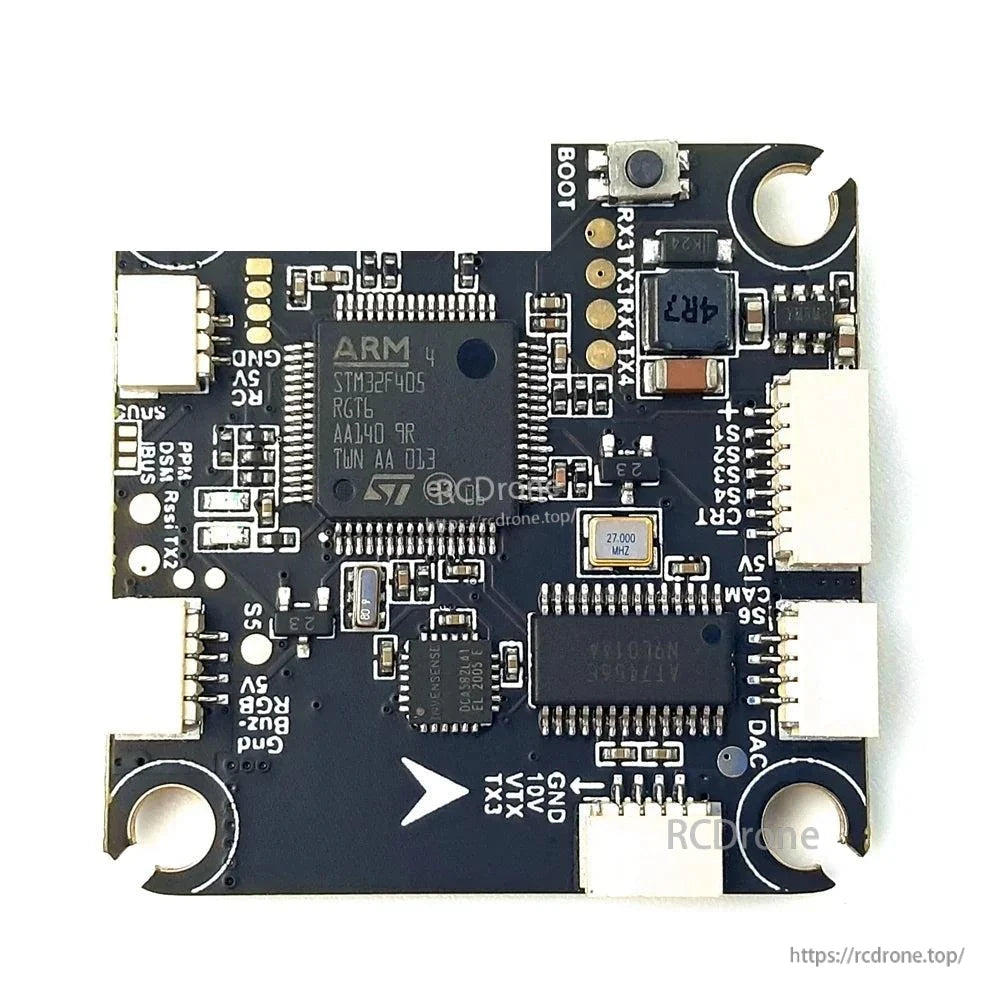 DarwinFPV Betaflight F4 flight controller close-up with STM32F405 chip, crystal, and connector plugs