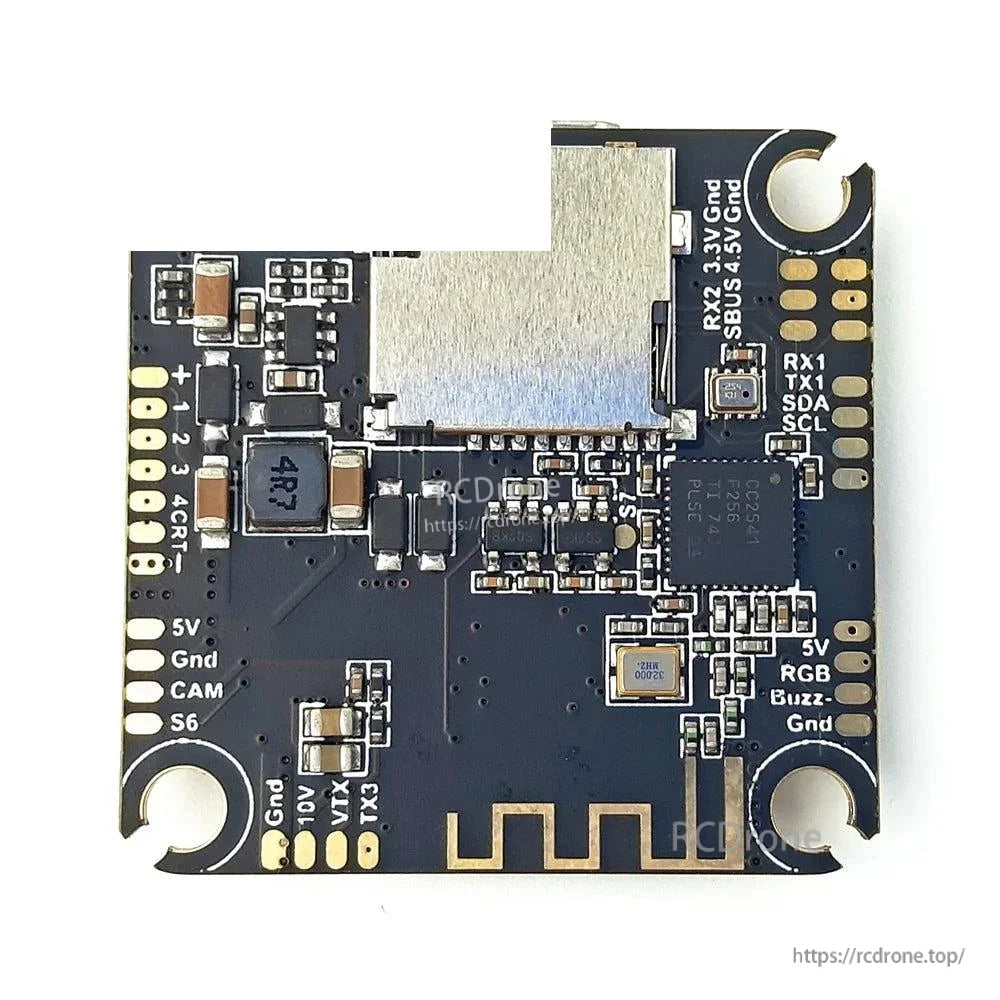 Back side of flight controller with solder pad labels for 5V, CAM, RX1/TX1, SDA/SCL, RGB, buzzer