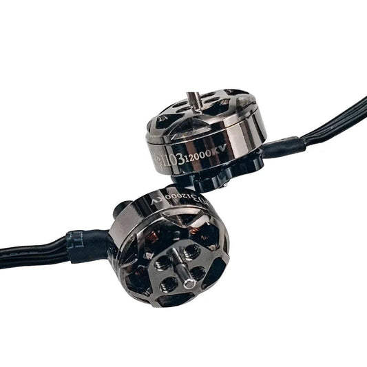 DarwinFPV Bling 1103 FPV drone brushless motors, two-piece set with wires on white background