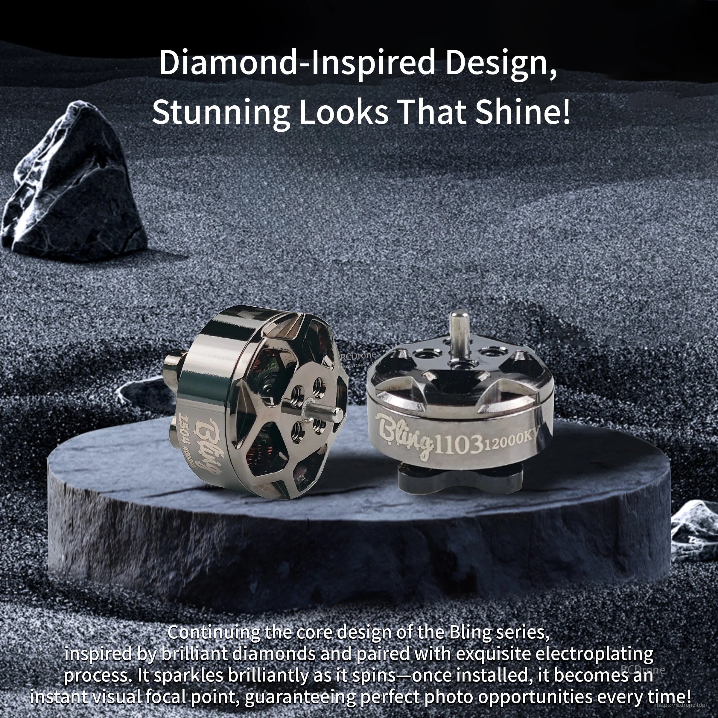 DarwinFPV Bling 1103 FPV drone brushless motor pair with diamond-inspired electroplated finish
