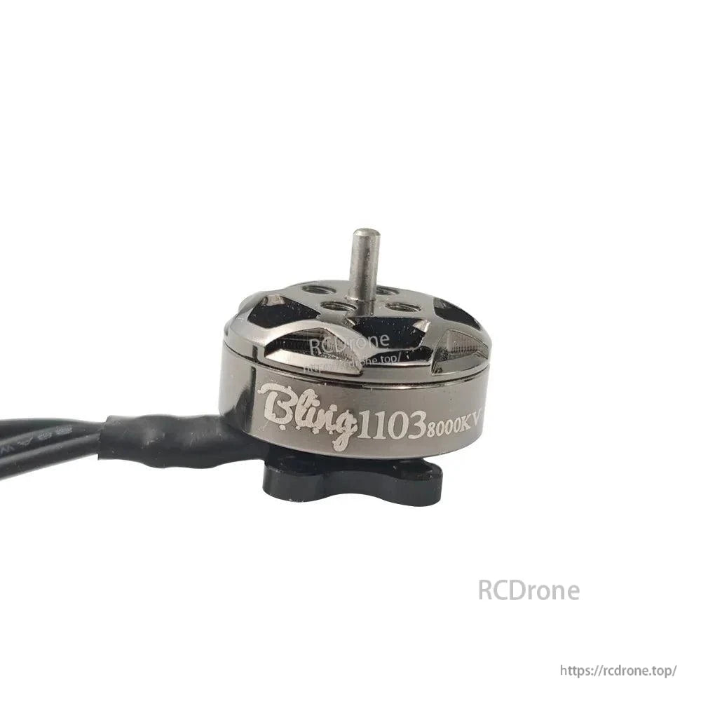Side view of Bling 1103 motor with “8000KV” text, shaft and base mount visible