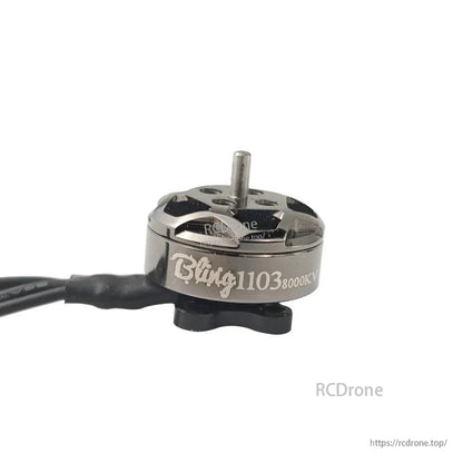 Side view of Bling 1103 motor with “8000KV” text, shaft and base mount visible