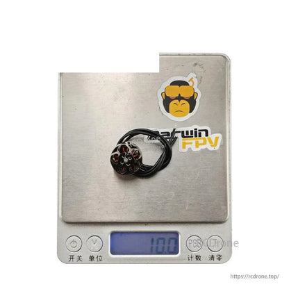Single motor on digital scale displaying 10.0 g weight with DarwinFPV sticker on platform