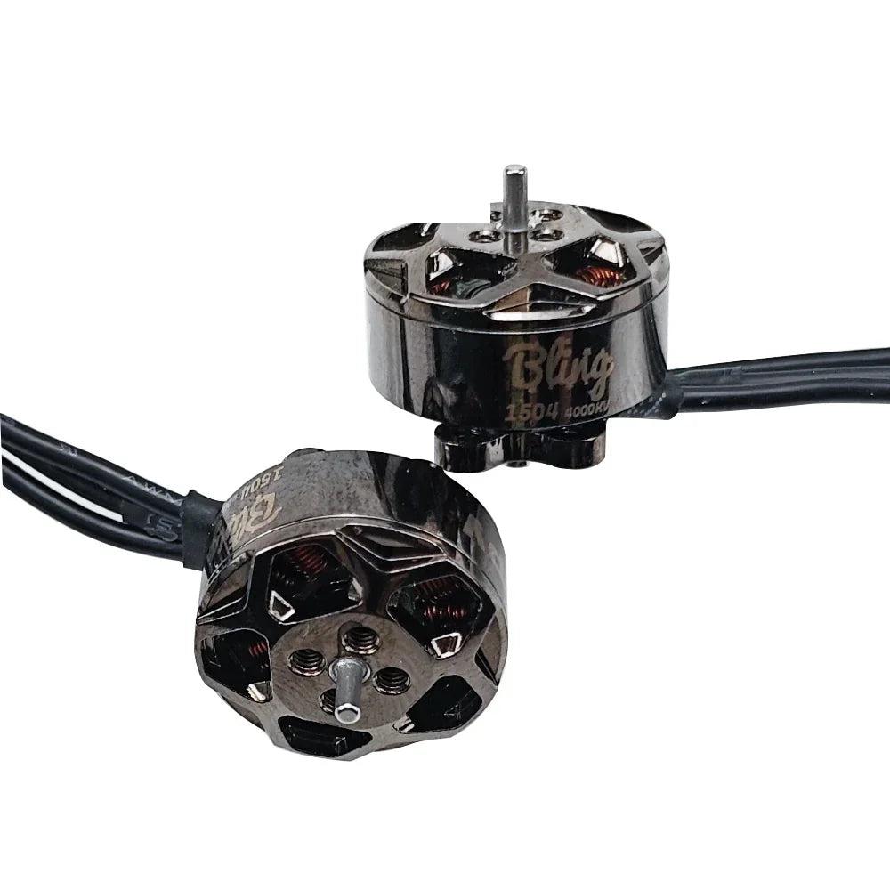 Pair of DarwinFPV Bling 1504 4000KV motors showing top and bottom angles with lead wires