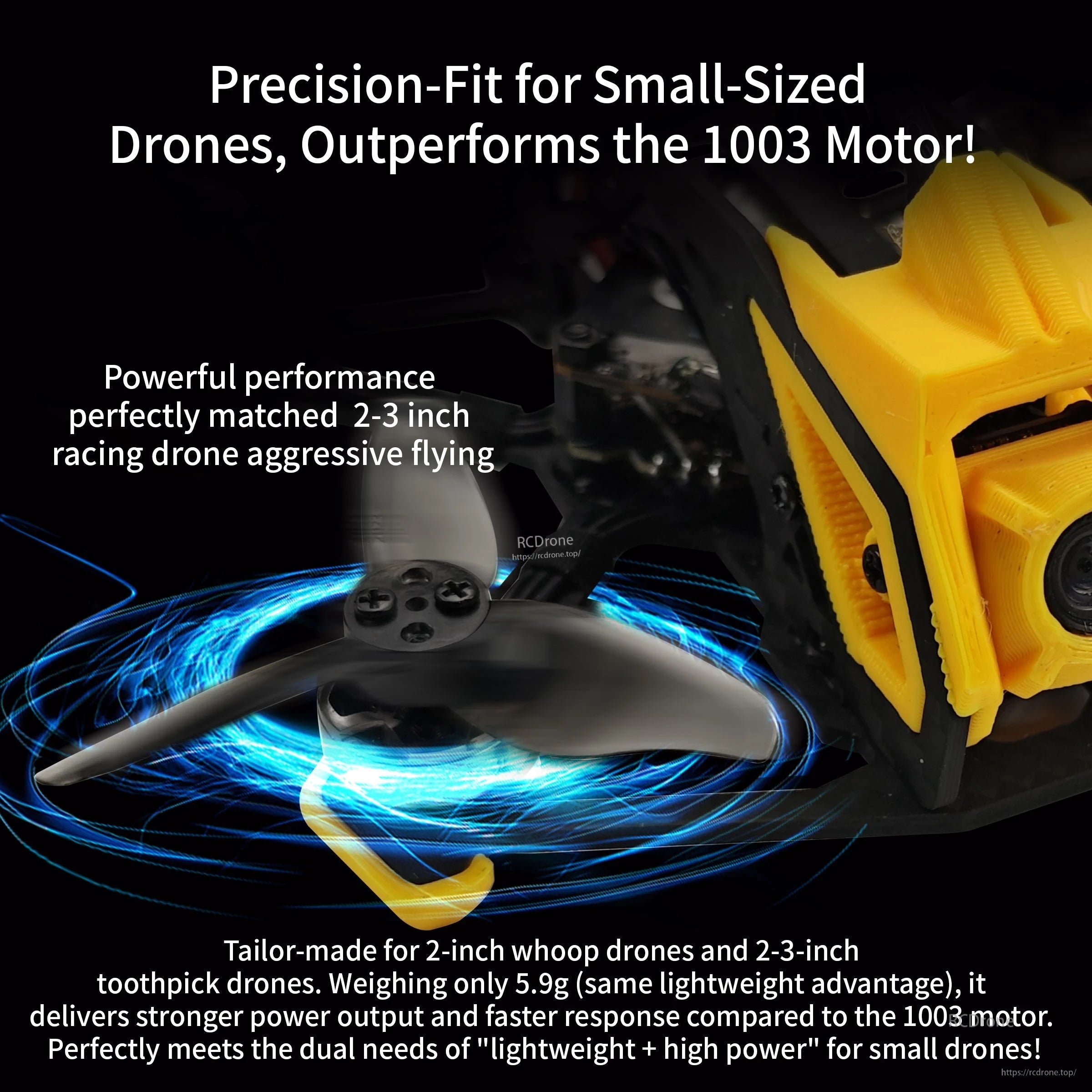 Bling 1104 motor installed on a small FPV drone, highlighting fit for 2–3 inch toothpick builds
