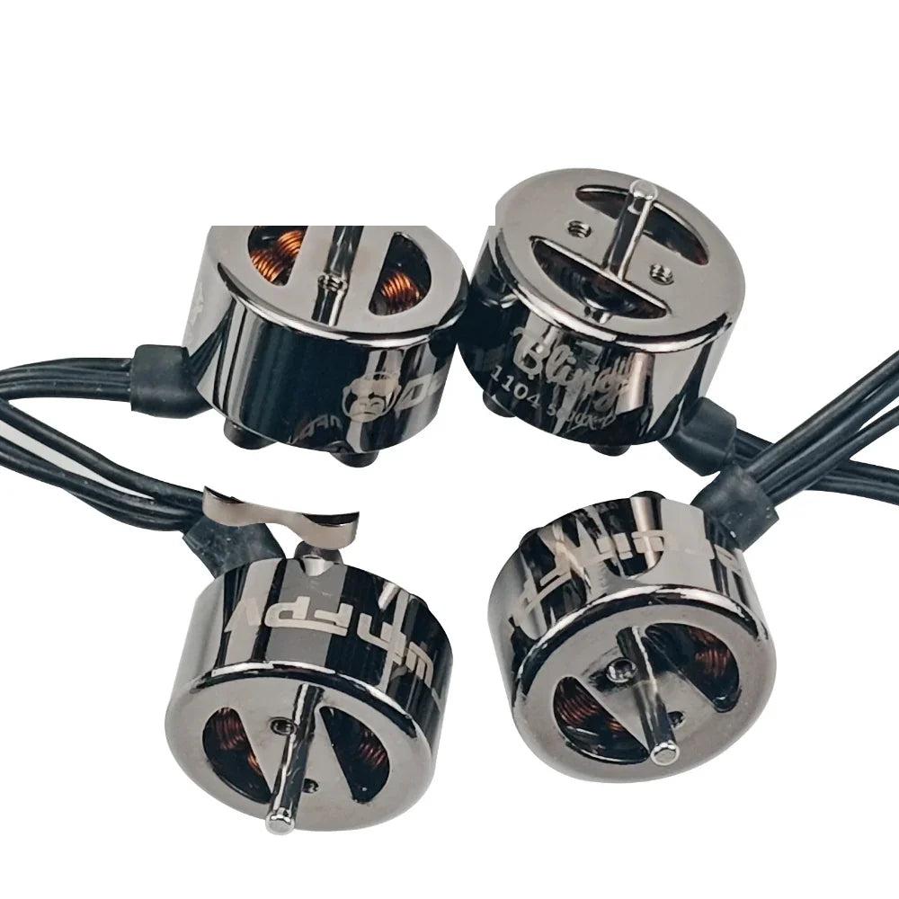Set of four DarwinFPV Bling 1104 5000KV brushless motors with wires, top and bottom angles