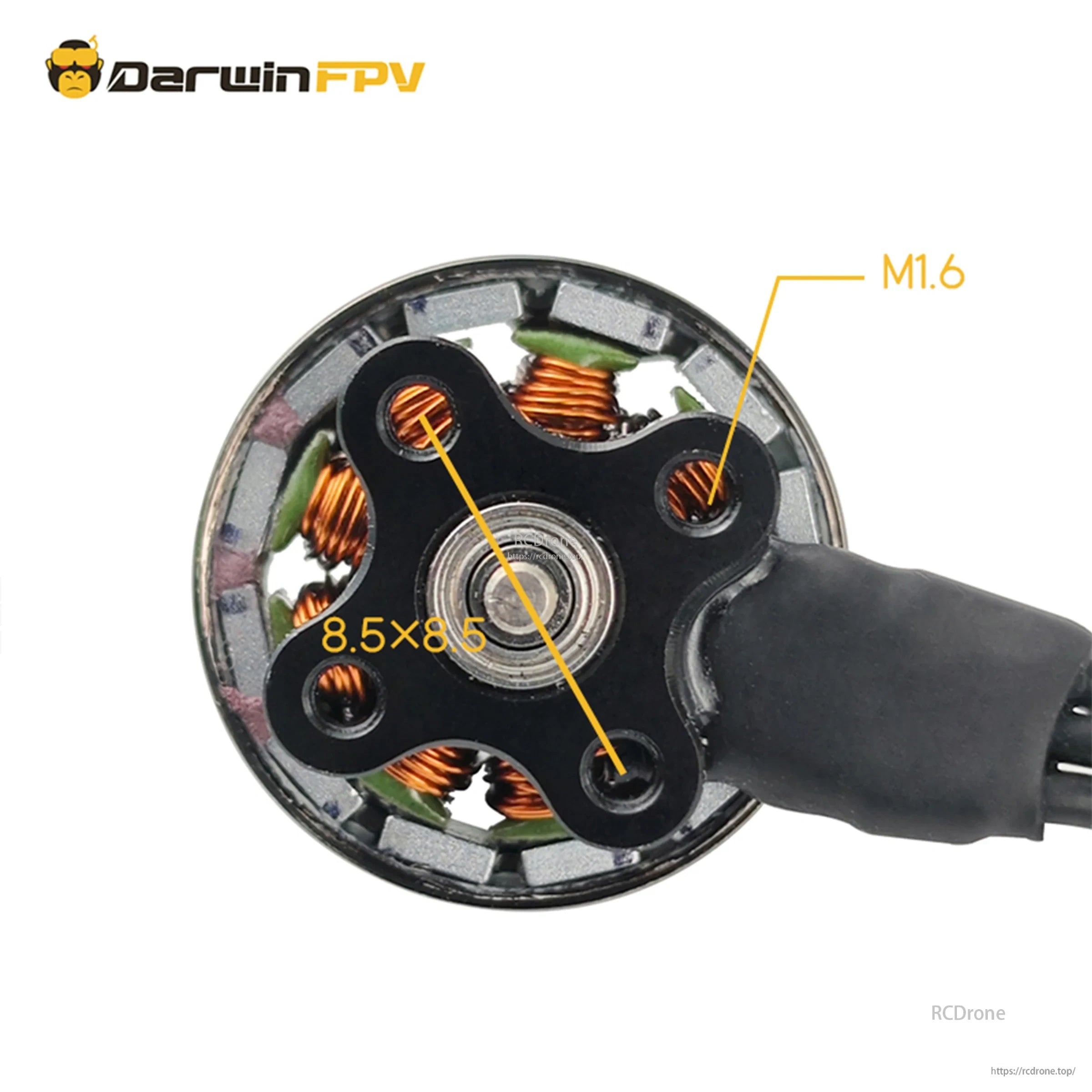 Bottom view of Bling 1103 motor showing 8.5×8.5 mm mounting pattern with M1.6 screw size