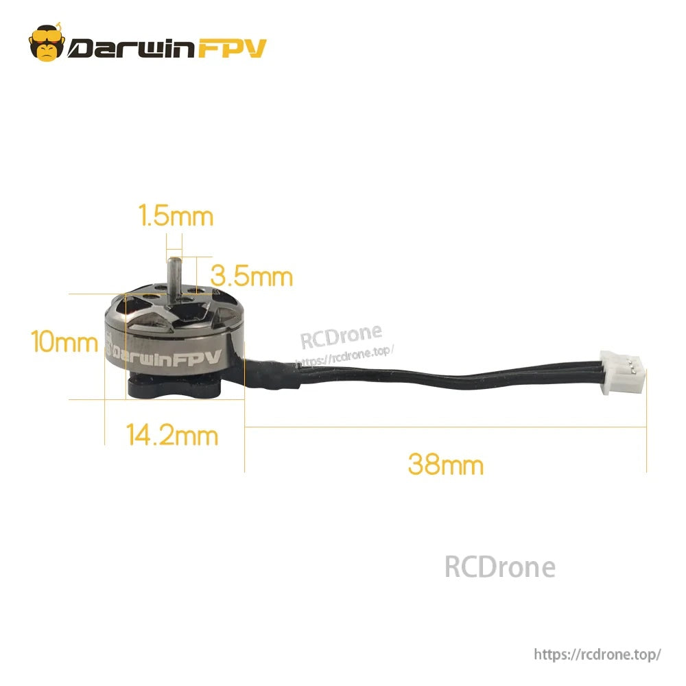 Dimension callouts for Bling 1103 motor: 14.2 mm diameter, 10 mm height, 1.5 mm shaft, 38 mm wire length