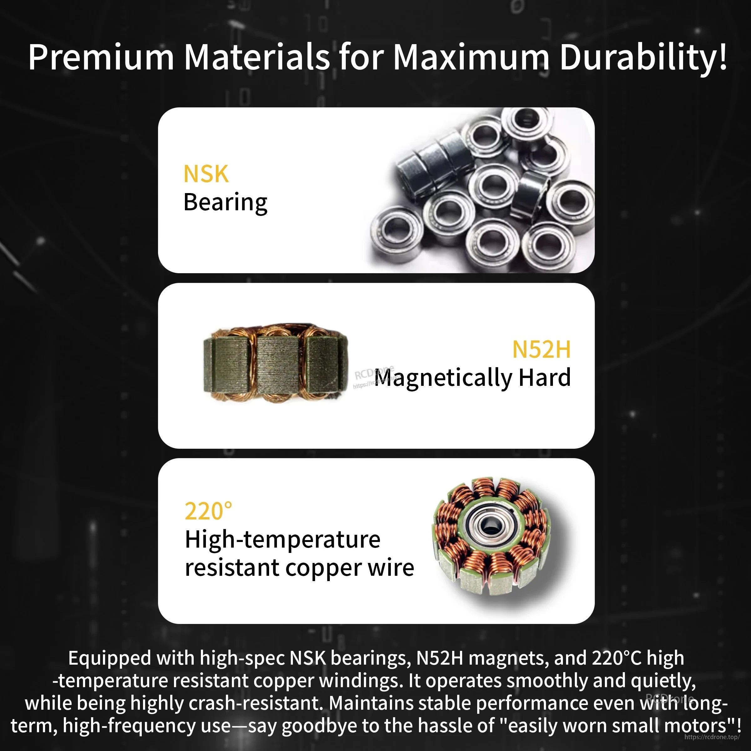 Premium materials callouts for Bling 1103 motor: NSK bearings, N52H magnets, and 220°C copper windings