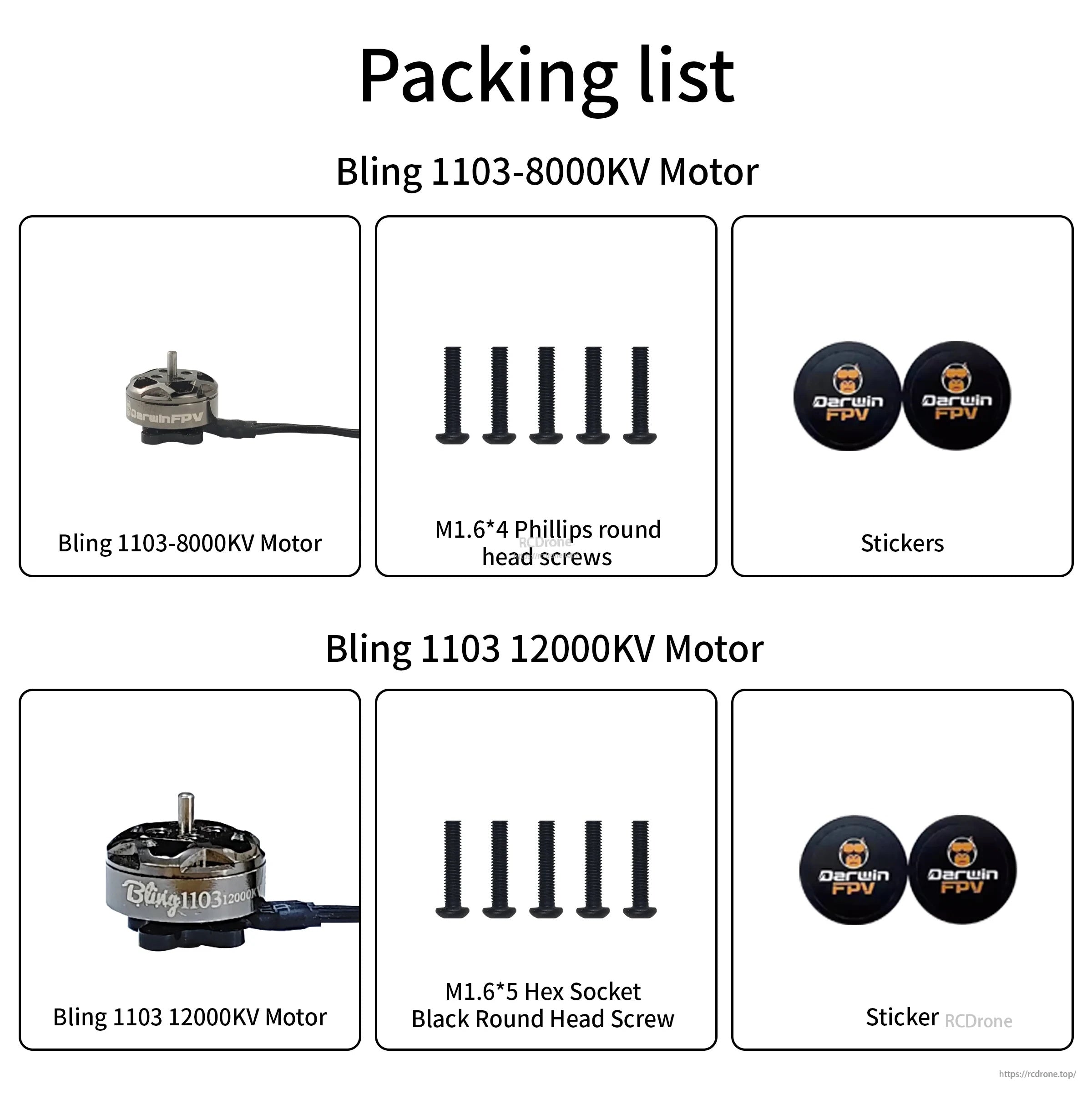 Packing list for Bling 1103 motor, including screws and DarwinFPV stickers for 8000KV and 12000KV