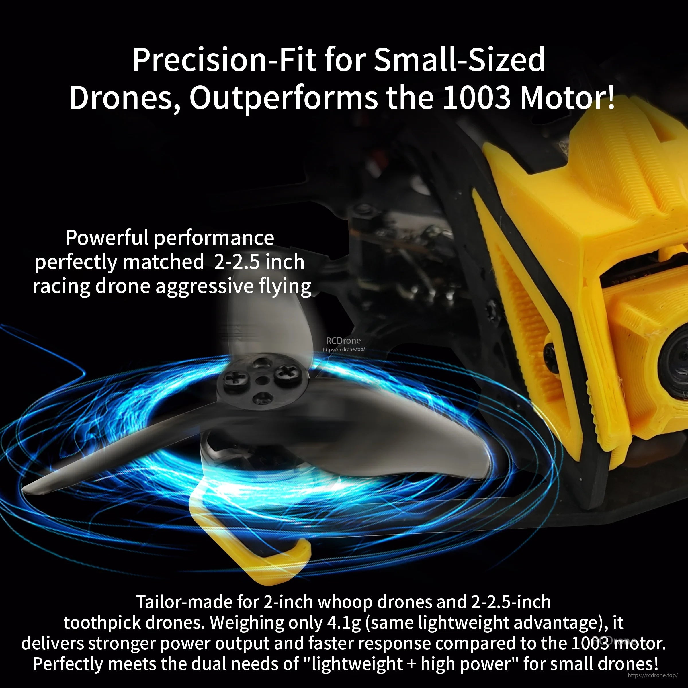 Bling 1103 brushless motor installed on a small FPV drone, emphasizing fit for 2–2.5 inch props