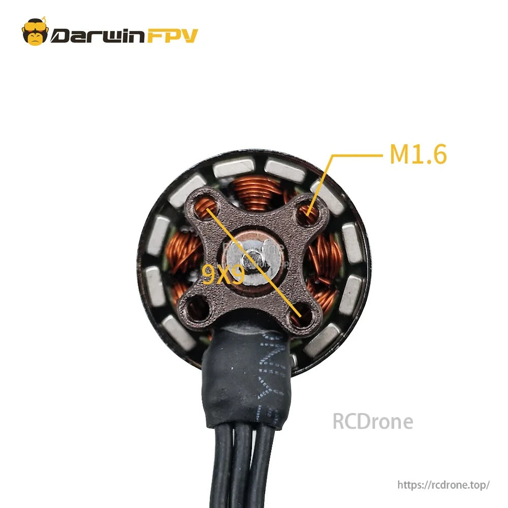 Bottom view of motor showing M1.6 mounting holes and 9×9 mm mounting pattern