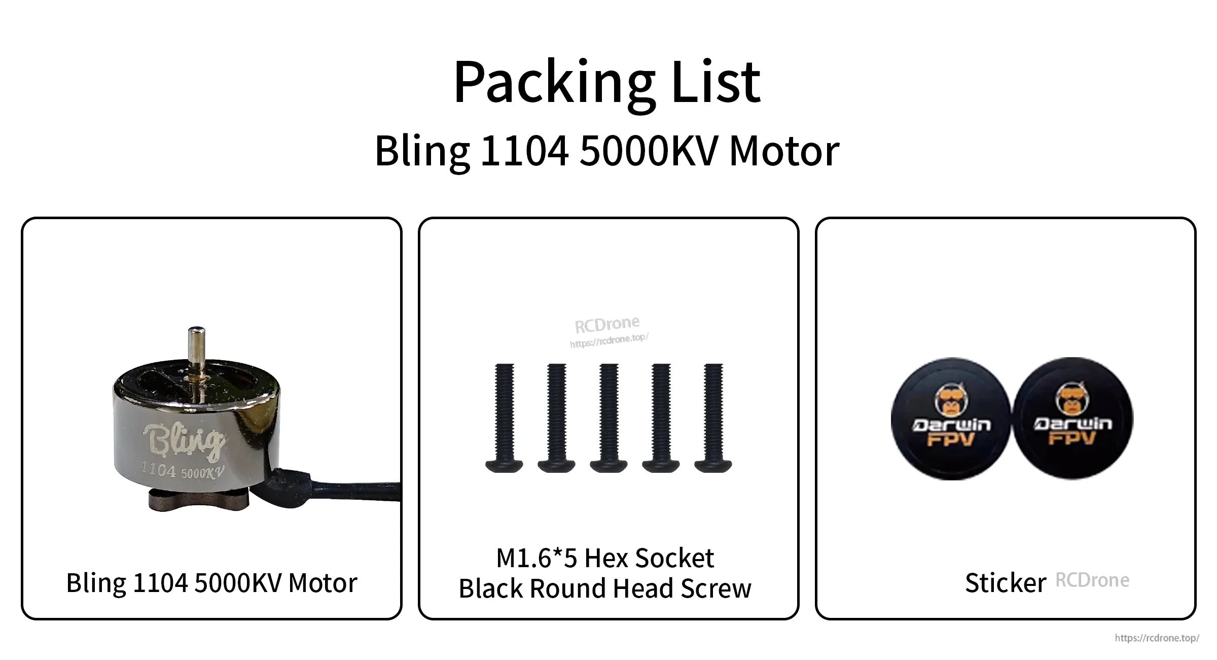 Packing list: Bling 1104 5000KV motor, five M1.6×5 screws, and two DarwinFPV stickers