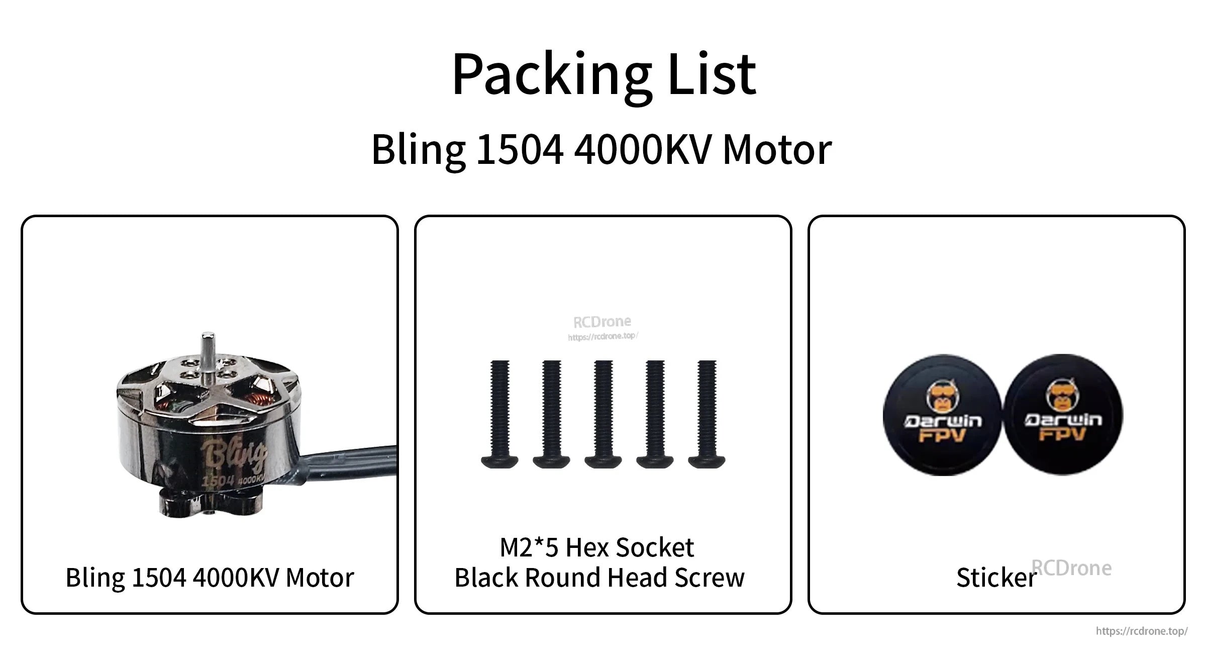 Packing list: Bling 1504 4000KV motor, five M2×5 hex socket screws, and two DarwinFPV stickers