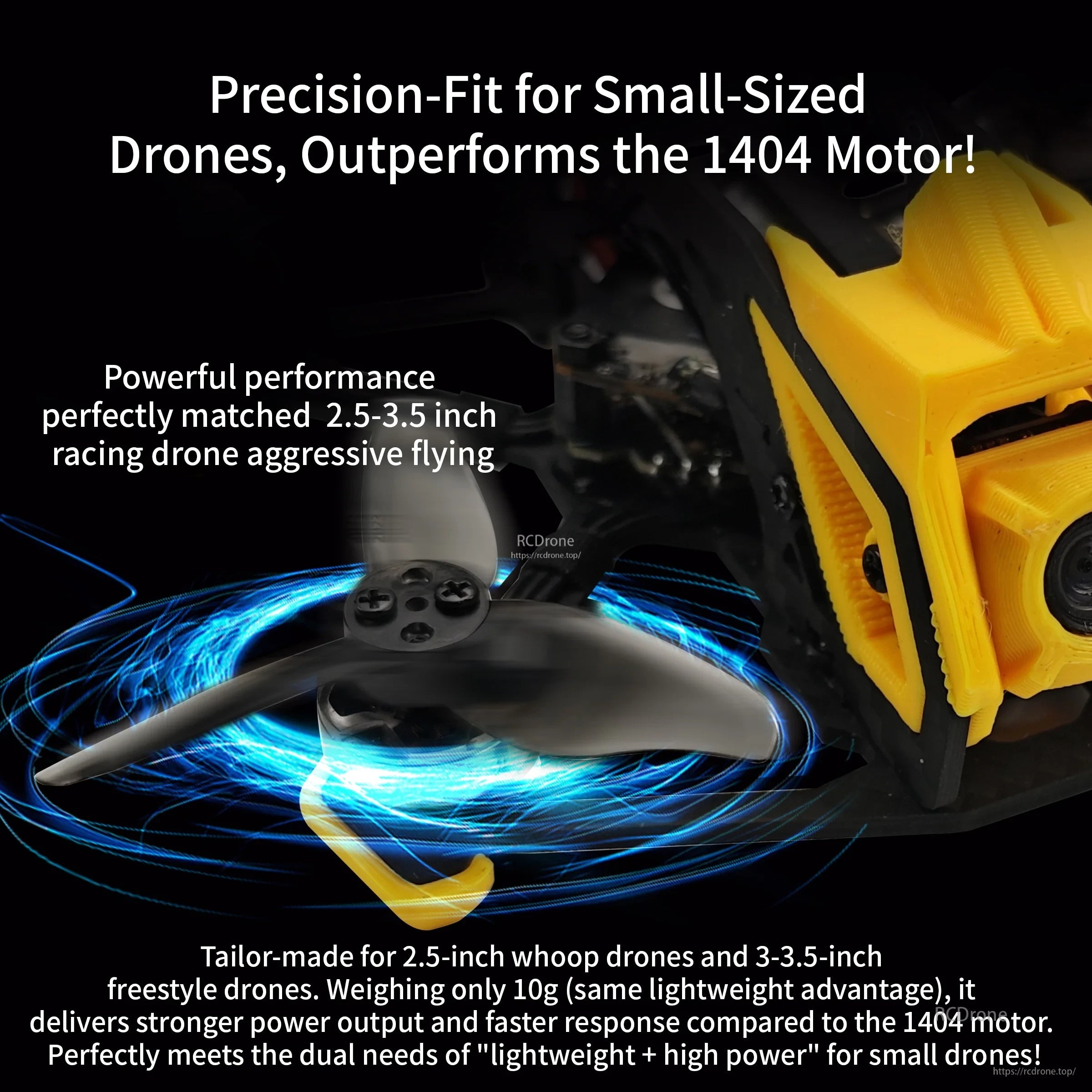 Motor in a small FPV drone build emphasizing compact 1504 size for 2.5–3.5 inch freestyle and whoop setups