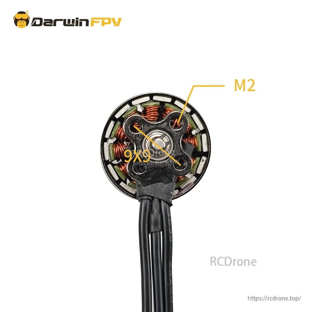 Bottom view of motor showing 9x9mm M2 mounting hole pattern for FPV drone frames