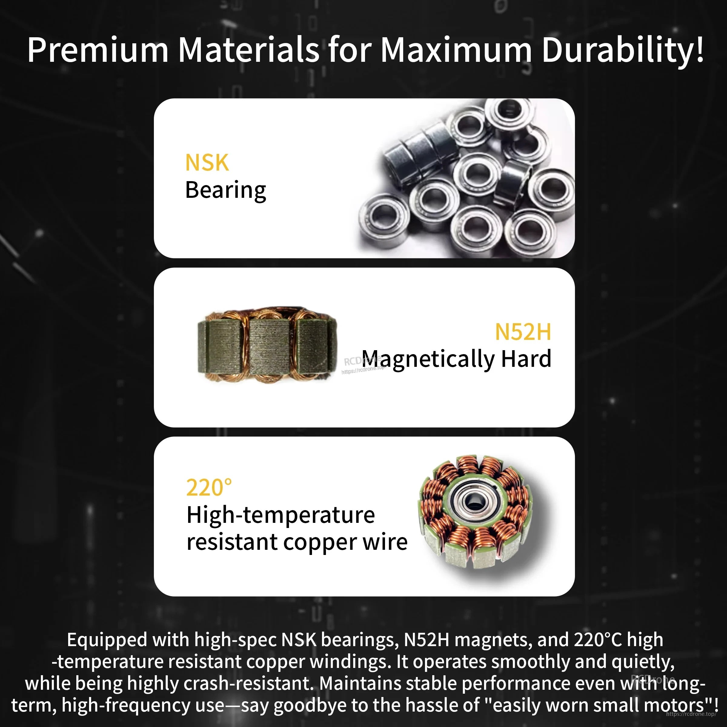 Premium component callouts: NSK bearings, N52H magnets, and 220°C high-temp copper windings