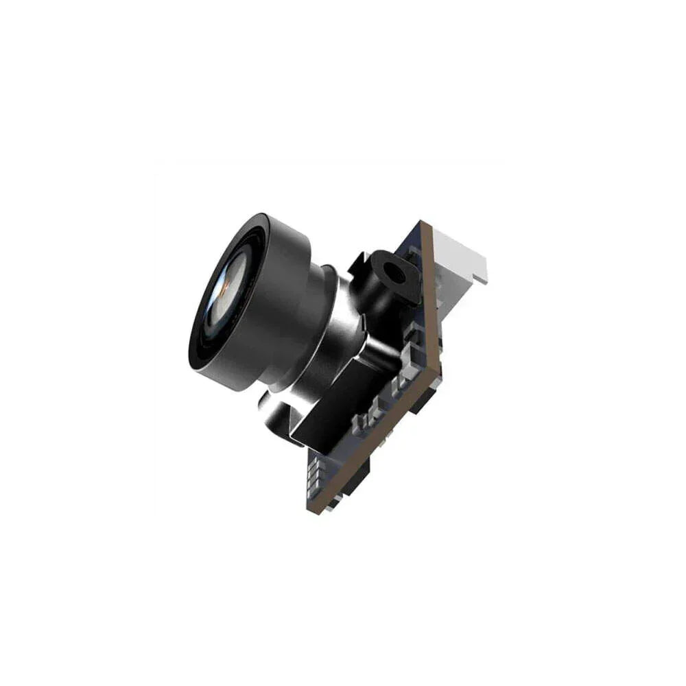 Micro FPV camera side profile showing lens barrel depth and mounting bracket on PCB